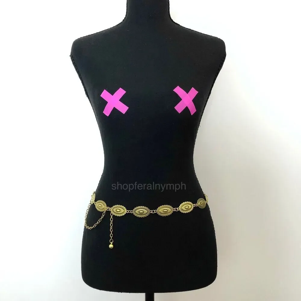 Vintage Y2K Western Gold-Tone Concho Chain Belt, Fits 16–39.5 Inches, X7GA1216
